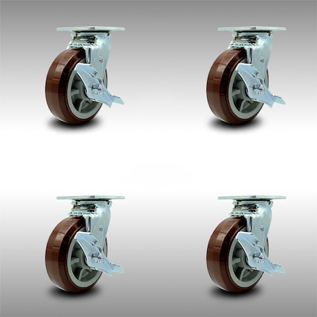 Service Caster 6 Inch SS Polyurethane Caster Set with Ball Bearings and Brake/Swivel Lock SCC SCC-SS30S620-PPUB-TLB-BSL-4